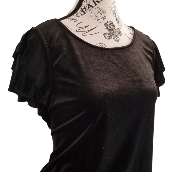 Vintage 90s black velvet basic top with ruffle sleeves - Picture 2 of 6